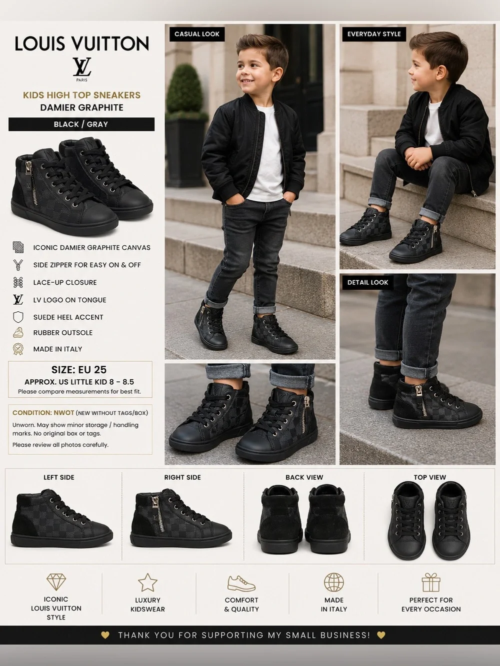 Louis Vuitton Kids High Top Sneakers EU 25 US 8 Black Damier Zip NWOT